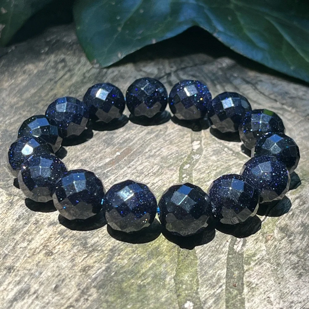 14mm sparkling faceted‎ blue sandstone bracelet
